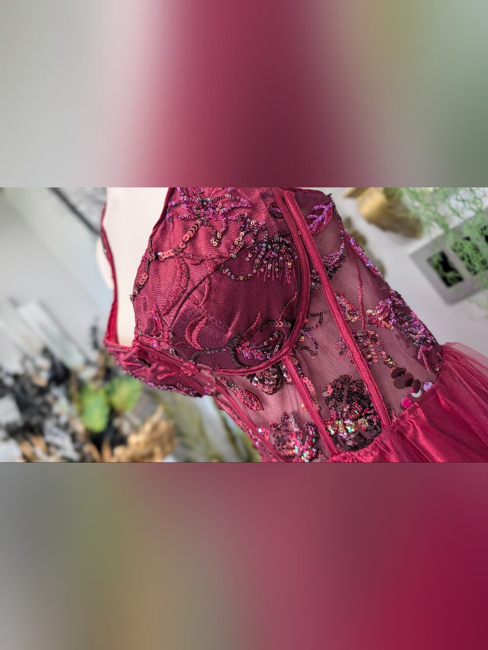 Faeriesty Maroon Metallic Tulle Beaded Bodice Corset Gown Maxi Fairy Dress LG - Picture 5 of 15